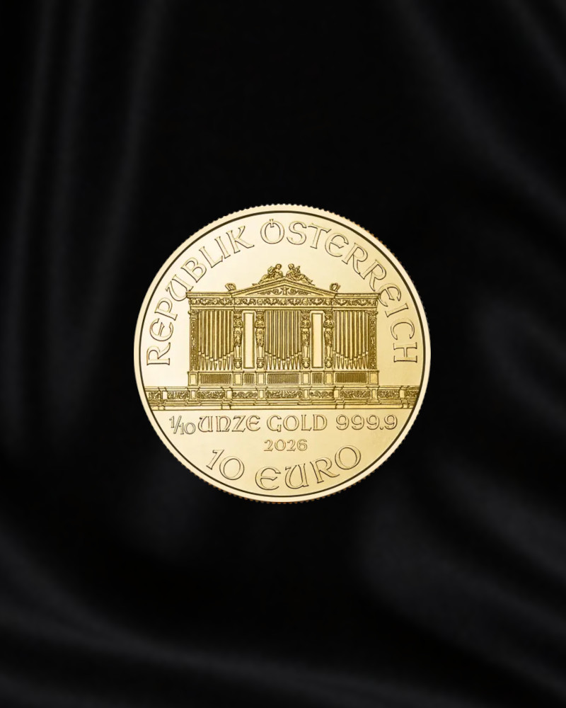 moneda de oro de inversion de 1/10 oz. Pureza 999,6. Años 2026