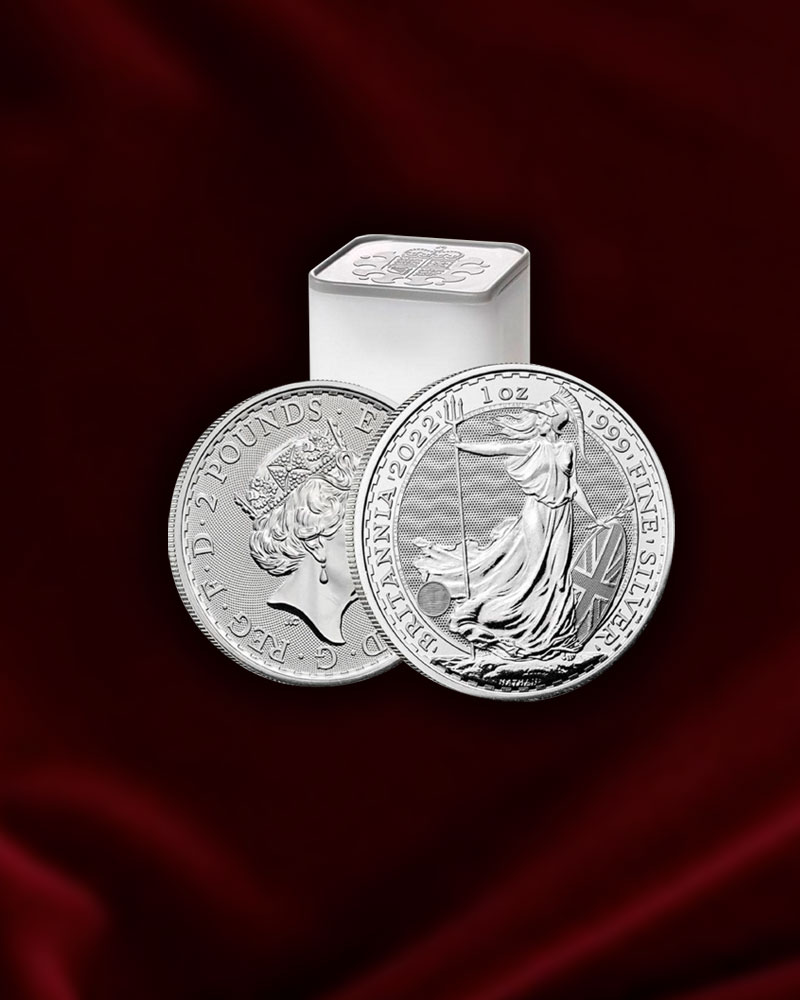 Tubo 25 monedas de plata Britannia de Reino Unido de 1 oz