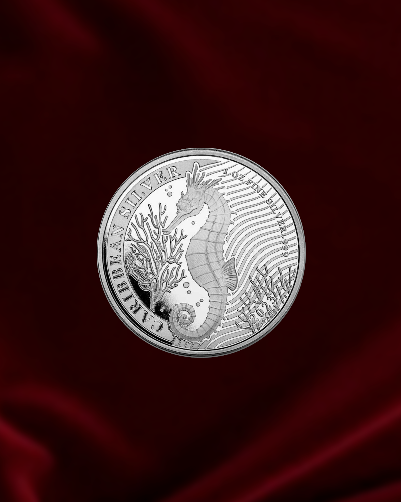 moneda de plata de inversion caballito de mar de Barbados de 1 onza. 2023
