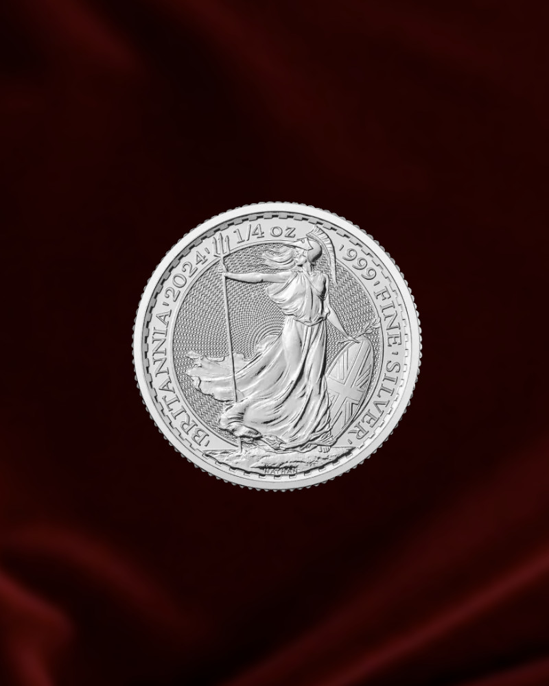 Moneda de plata Britannia de Reino Unido de 1/4 oz – Carlos III. 2024. (Anverso)
