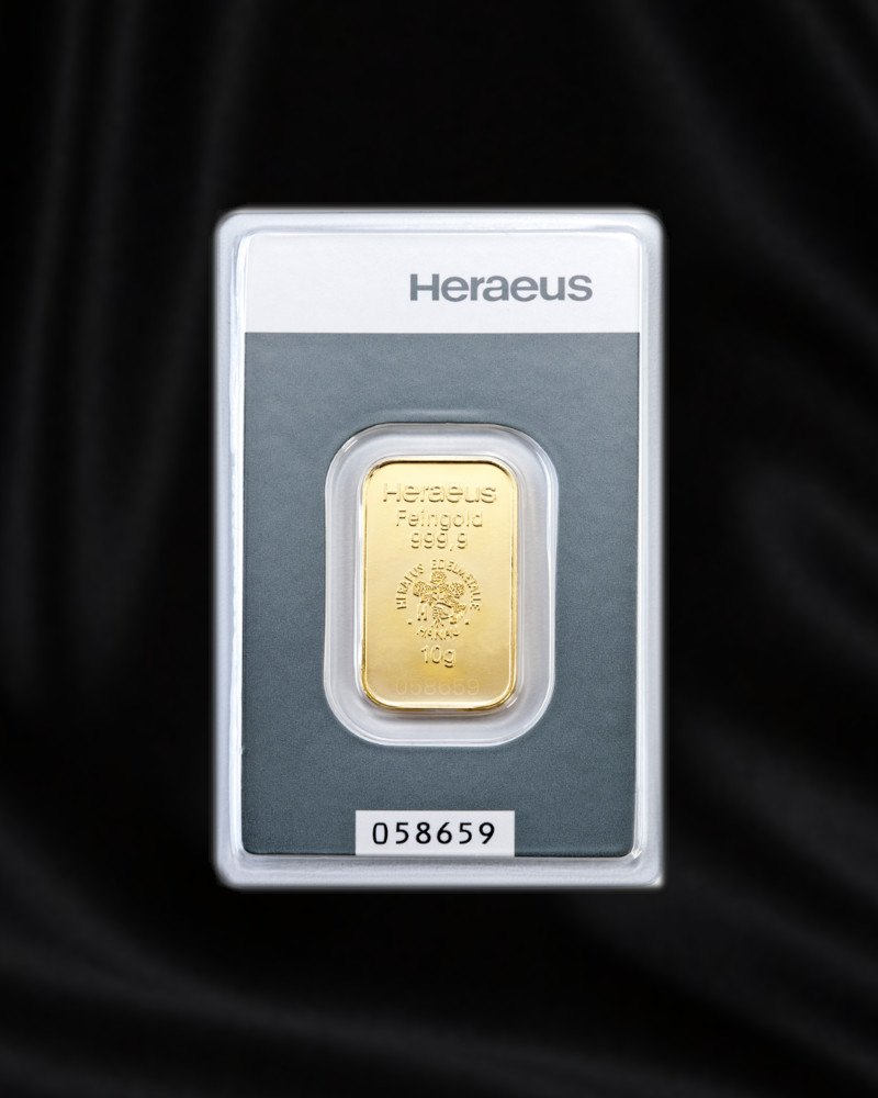 Lingote de oro de 10 gr de Heraeus. Pureza 999,9. CMC Metales Preciosos