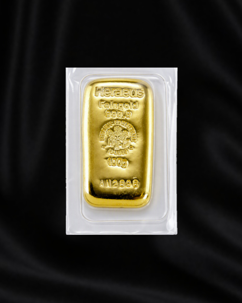 Lingote de ORO de inversión de 100 gr de HERAEUS de fundición.
